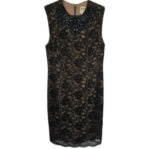 Haute Hippie Black Lace Cocktail Dress Size 6 Beaded Neck Nude Lined Designer